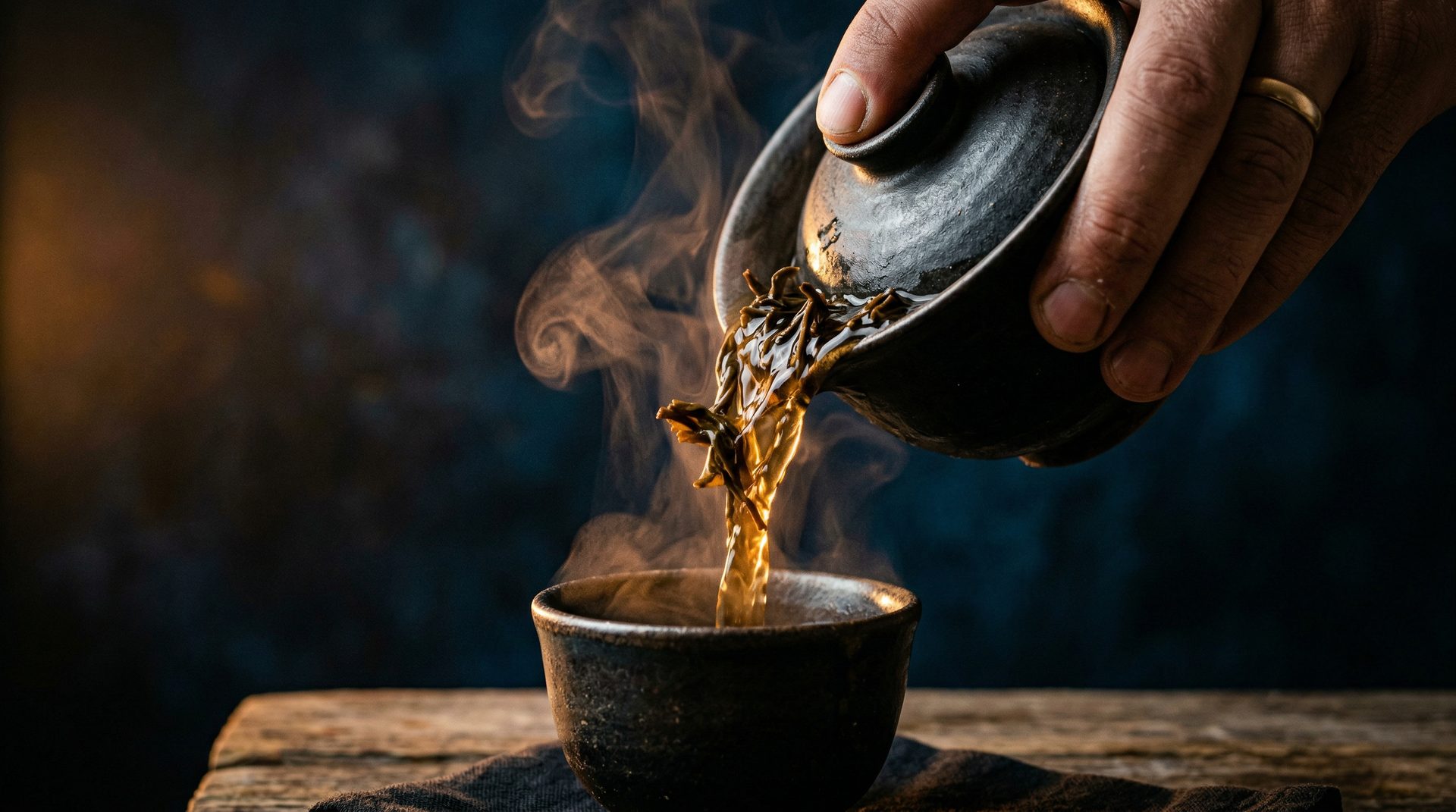 Chinese tea being poured from a traditional gaiwan with steam rising