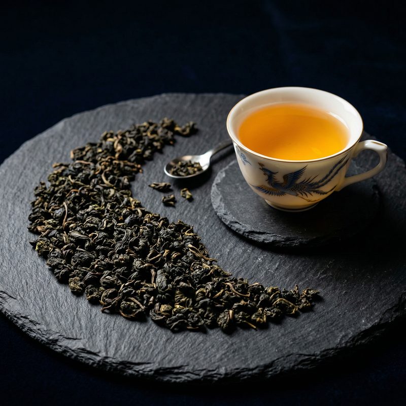 Rolled oolong tea leaves with a cup of golden amber liquor