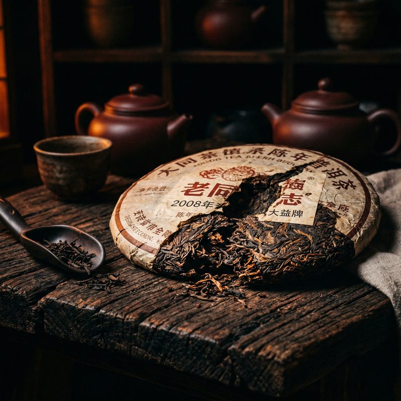 Aged pu-erh tea cake with dark compressed leaves