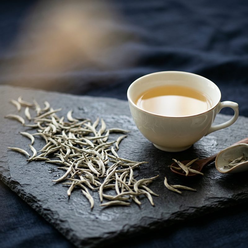 Silver needle white tea buds with pale golden liquor